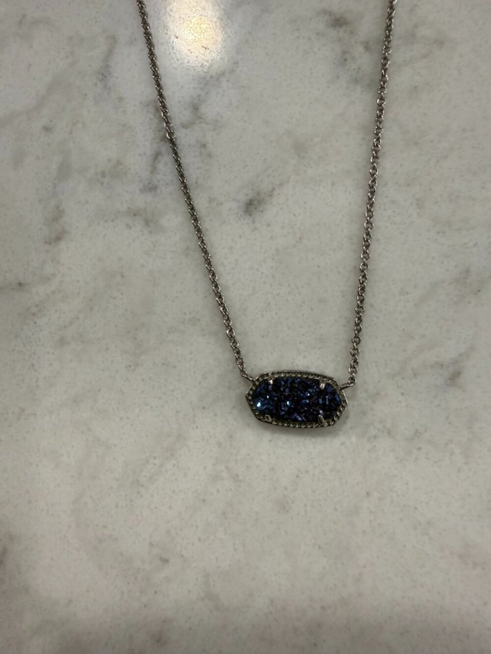 Kendra Scott Pendant Necklace - silver chain + dark blue drusy stone
